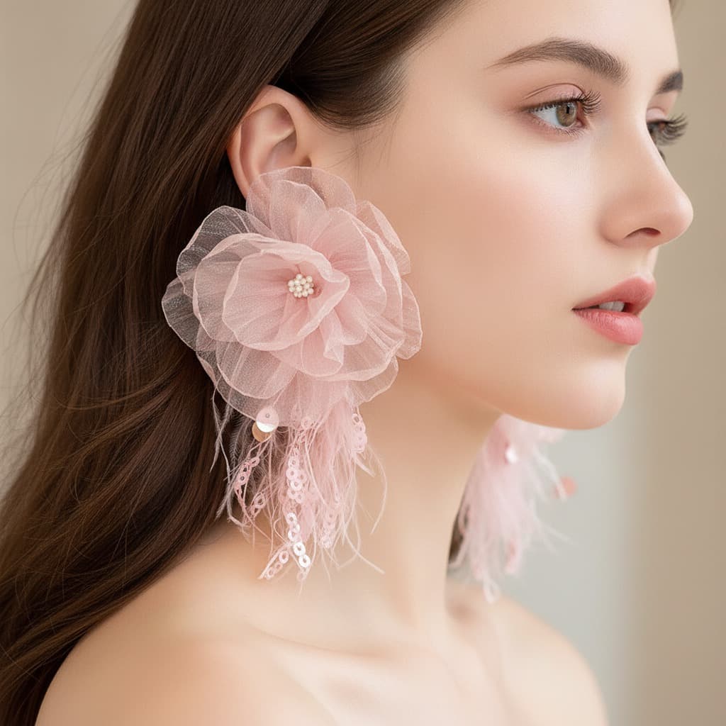 Blush Organza Bloom & Feather Drop Earring — view 2