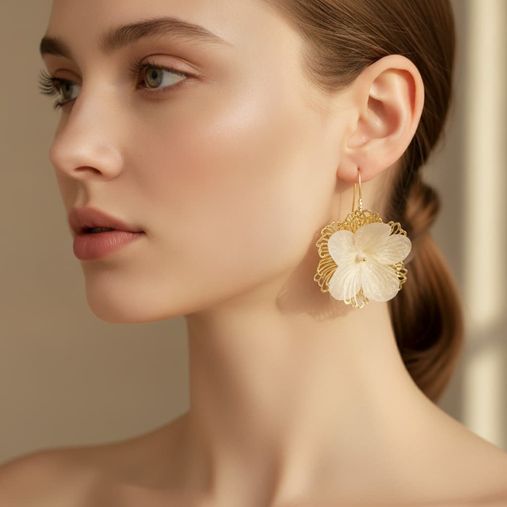 Ivory Organza Peony Gold Wire Hook Earring — view 3