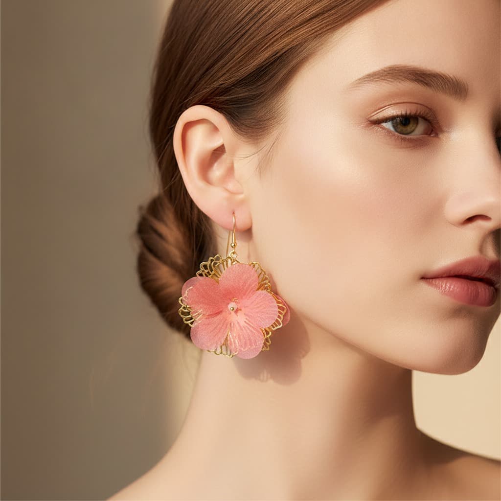 Coral Organza Peony Gold Wire Hook Earring — view 2