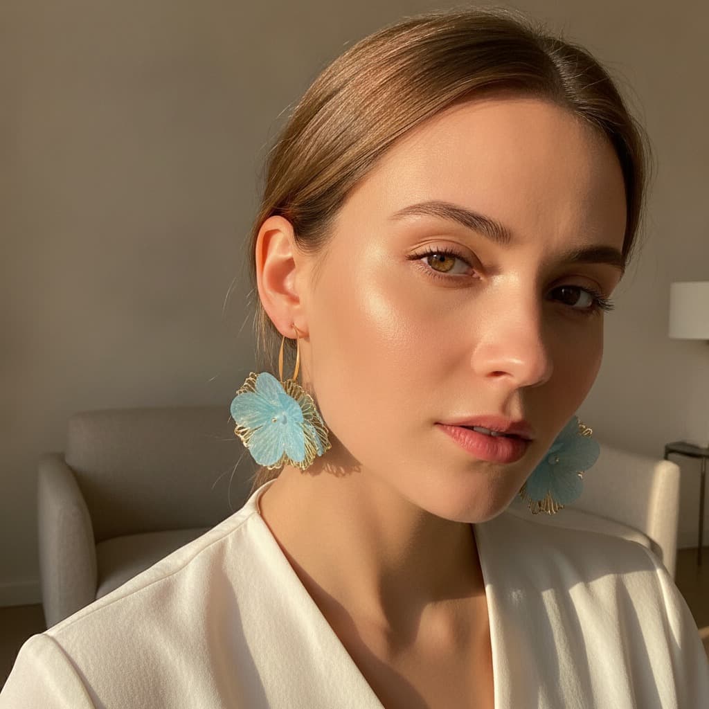 Aqua Organza Peony Gold Wire Hook Earring — view 2