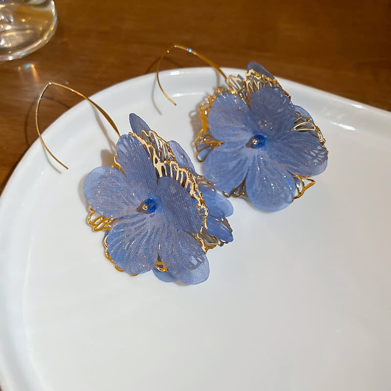 Periwinkle Organza Peony Gold Wire Hook Earring — front view