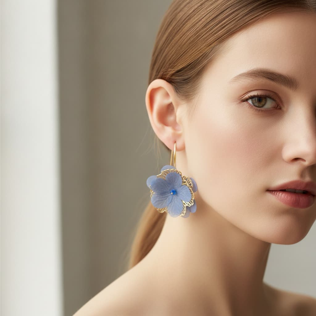 Periwinkle Organza Peony Gold Wire Hook Earring — view 3
