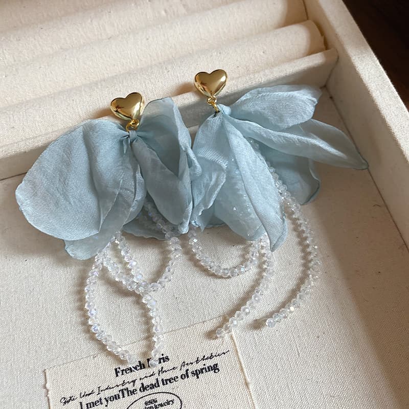 Mist Blue Silk Bow Gold Heart Drop Earring — front view