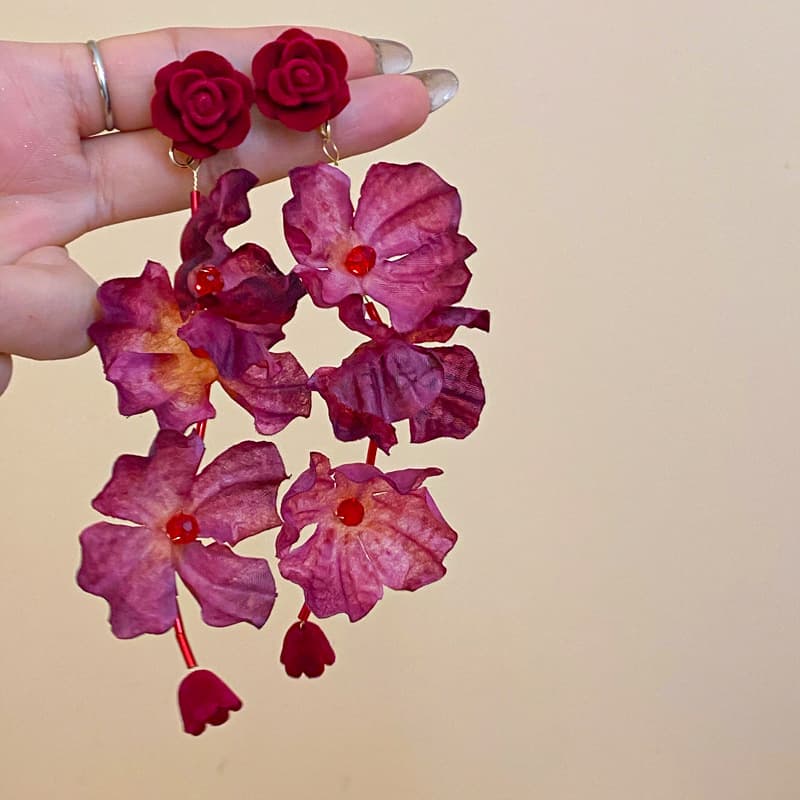 Bordeaux Rose & Mulberry Bloom Drop Earring — front view