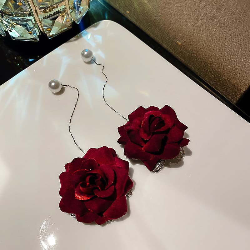 Crimson Velvet Rose Pearl Thread Drop Earring — Earring florals from Mowey Studio