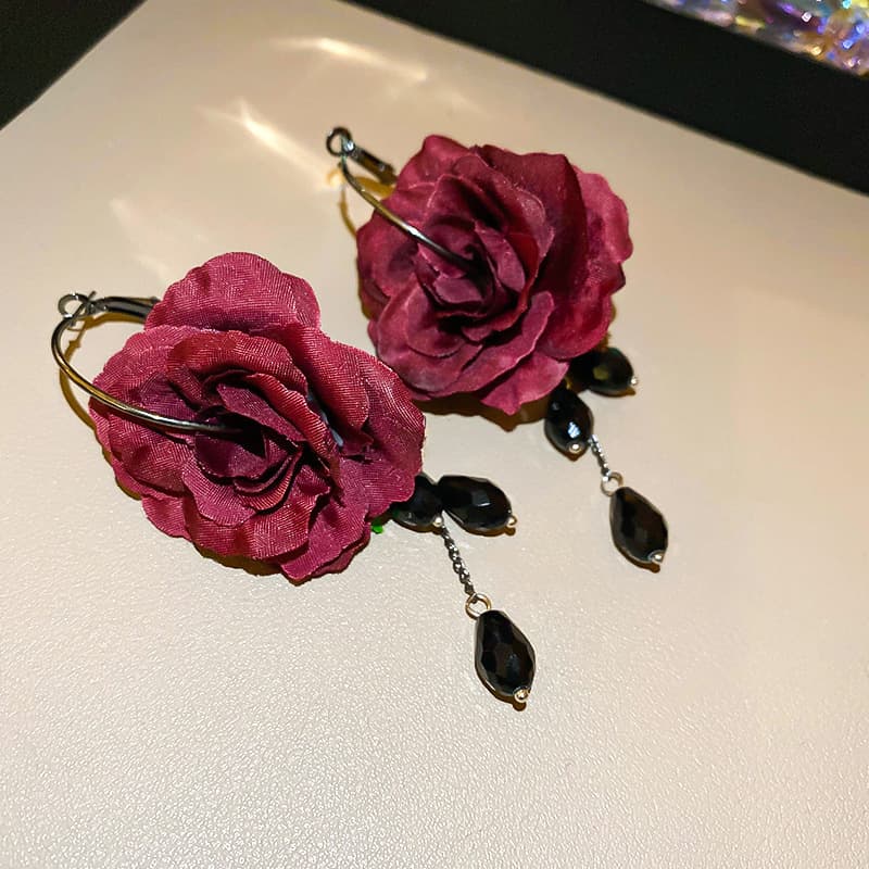 Burgundy Fabric Rose Black Jet Drop Earring — front view