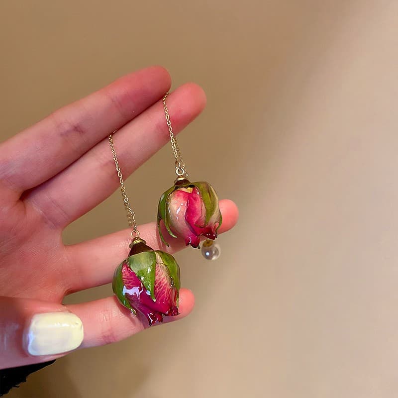 Fuchsia Rosebud Resin Teardrop Drop Earring — front view
