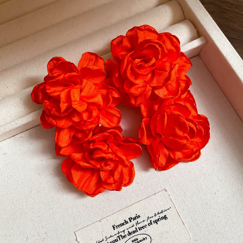 Tangerine Silk Rose Cluster Stud Earring — front view