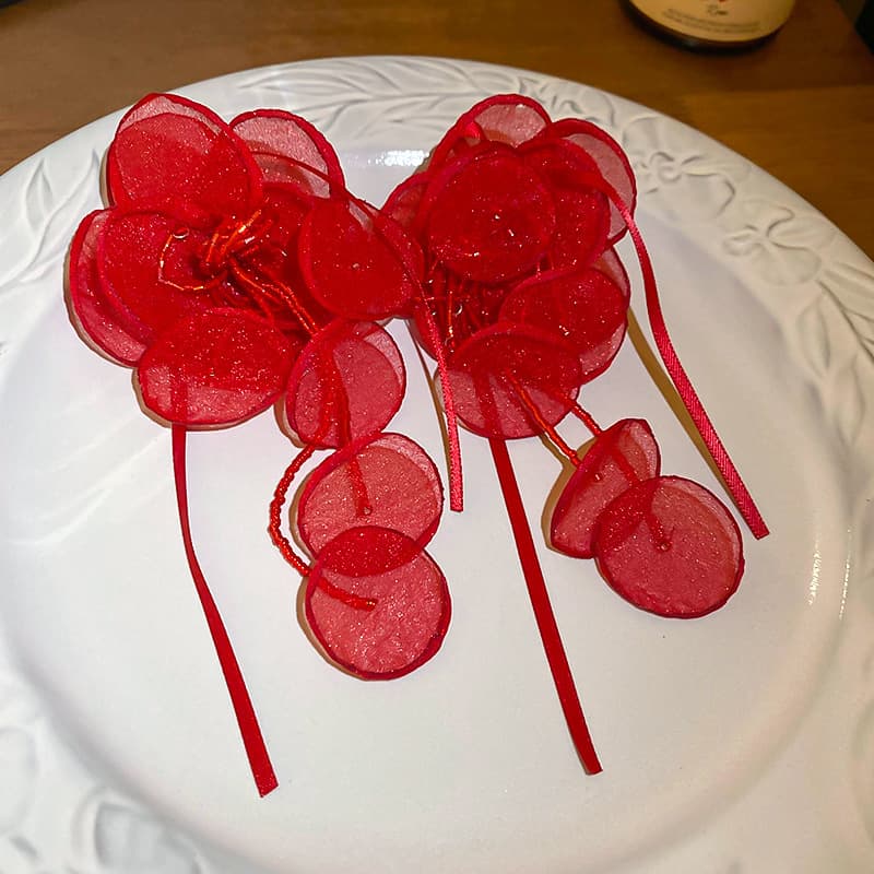Crimson Organza Disc & Ribbon Drop Earring — front view