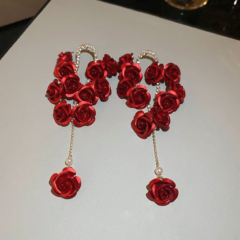 Red Satin Rose Pavé Arc Drop Earring — front view