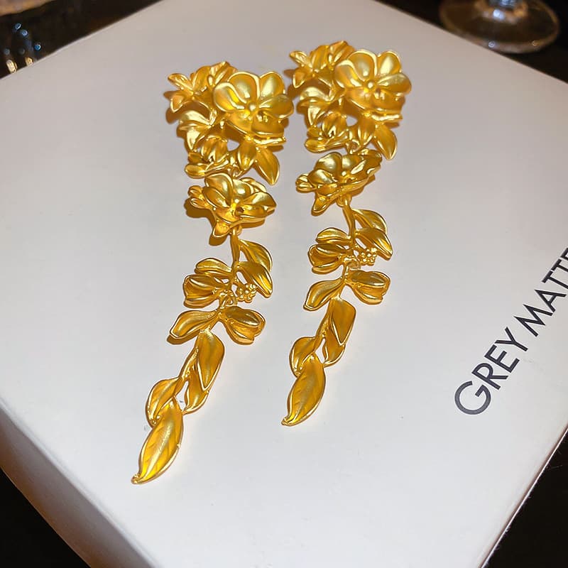 Matte Gold Floral Vine & Leaf Drop Earring — front view