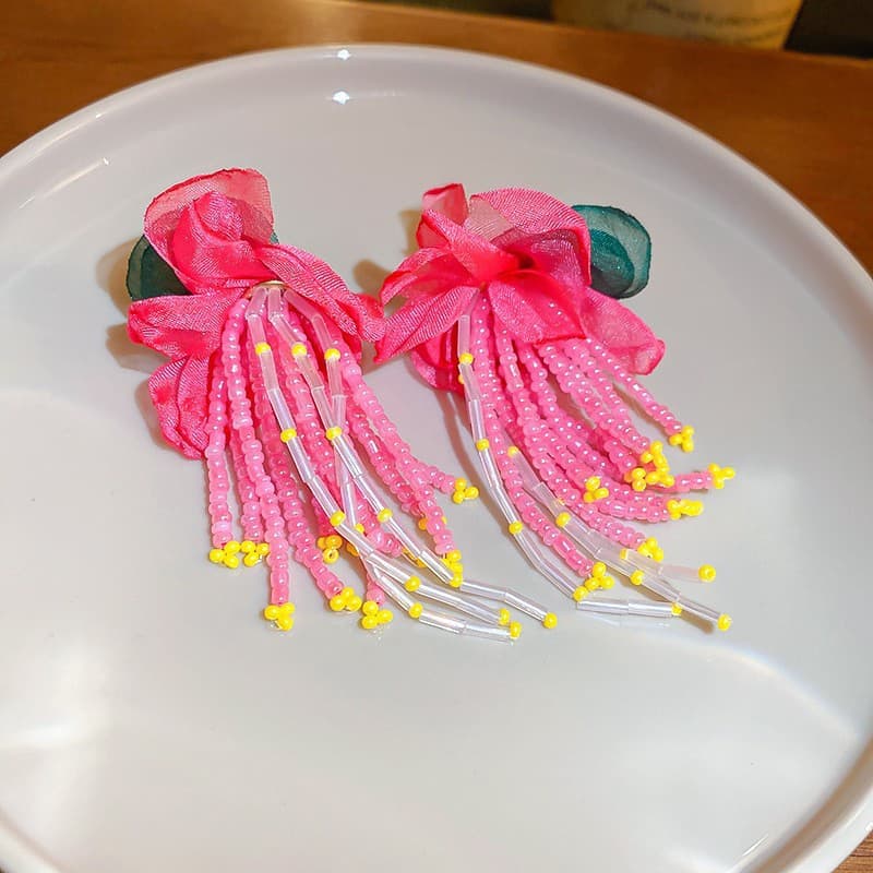 Fuchsia Organza Rose Seed Bead Fringe Drop Earring — front view