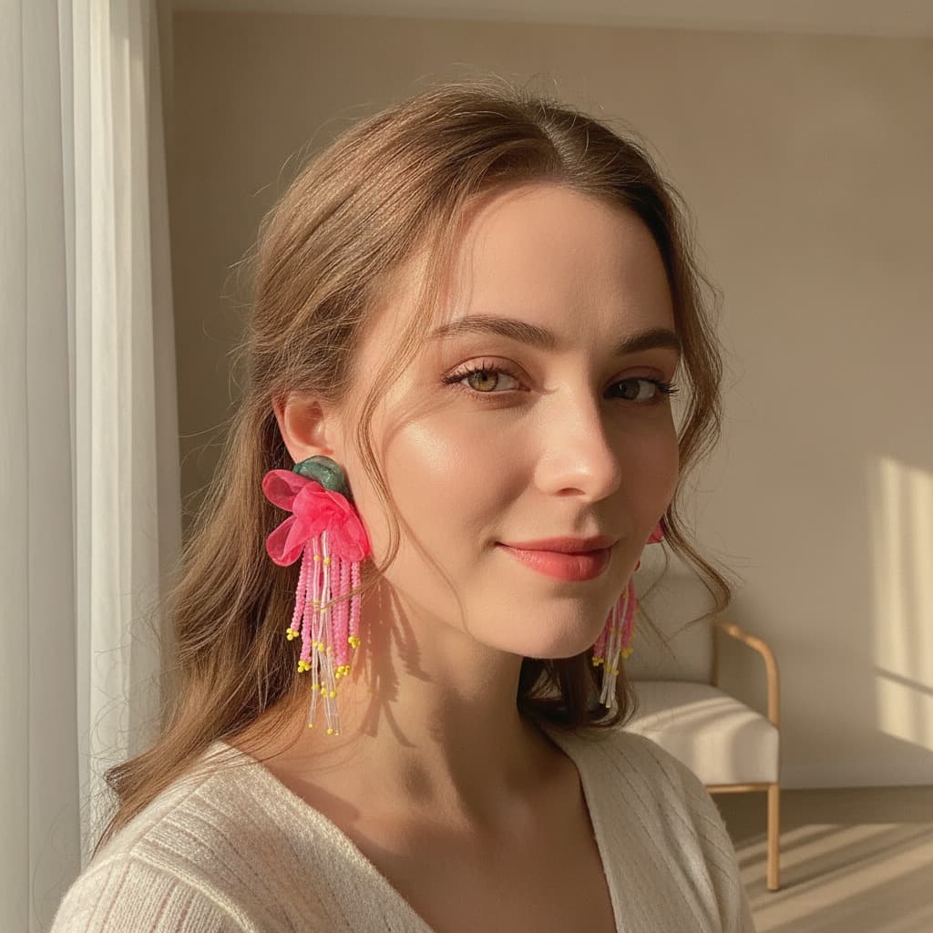 Fuchsia Organza Rose Seed Bead Fringe Drop Earring — view 2