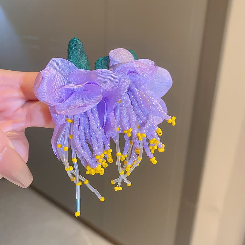 Lilac Organza Rose Seed Bead Fringe Drop Earring — front view