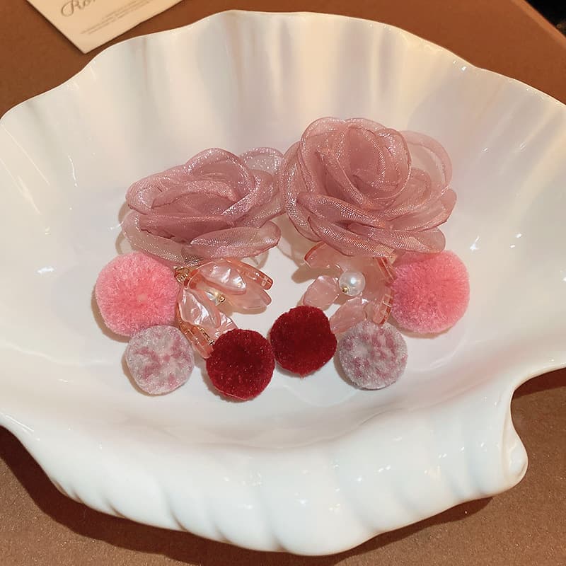 Dusty Rose Mesh Camellia Pompom Drop Earring — front view