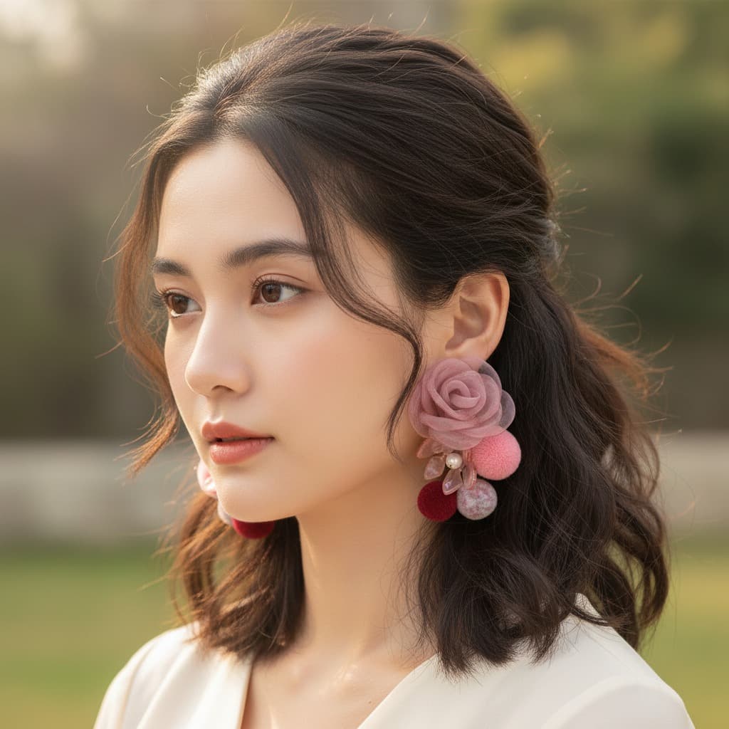 Dusty Rose Mesh Camellia Pompom Drop Earring — view 2