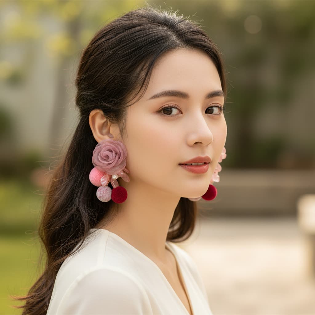 Dusty Rose Mesh Camellia Pompom Drop Earring — view 3