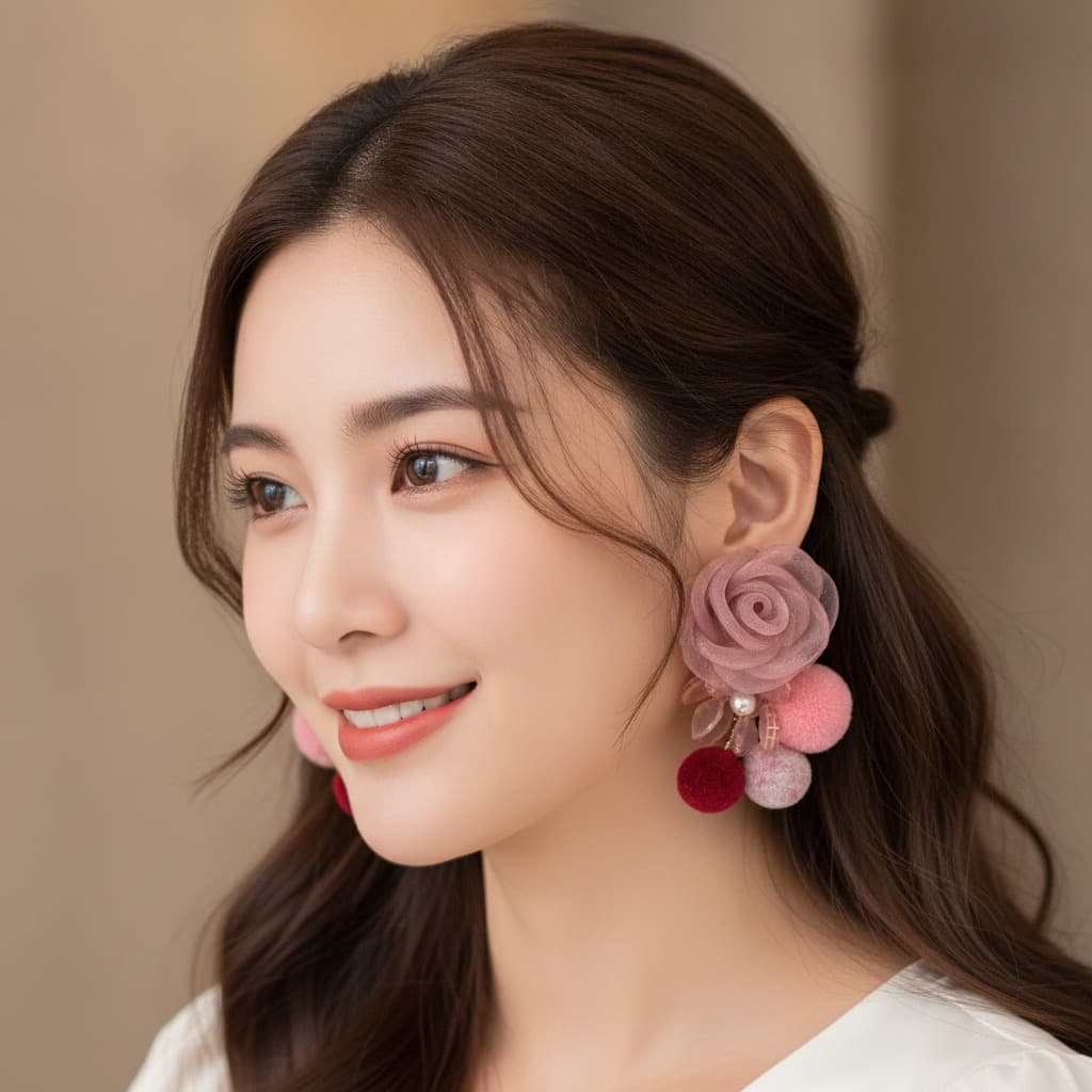 Dusty Rose Mesh Camellia Pompom Drop Earring — view 4