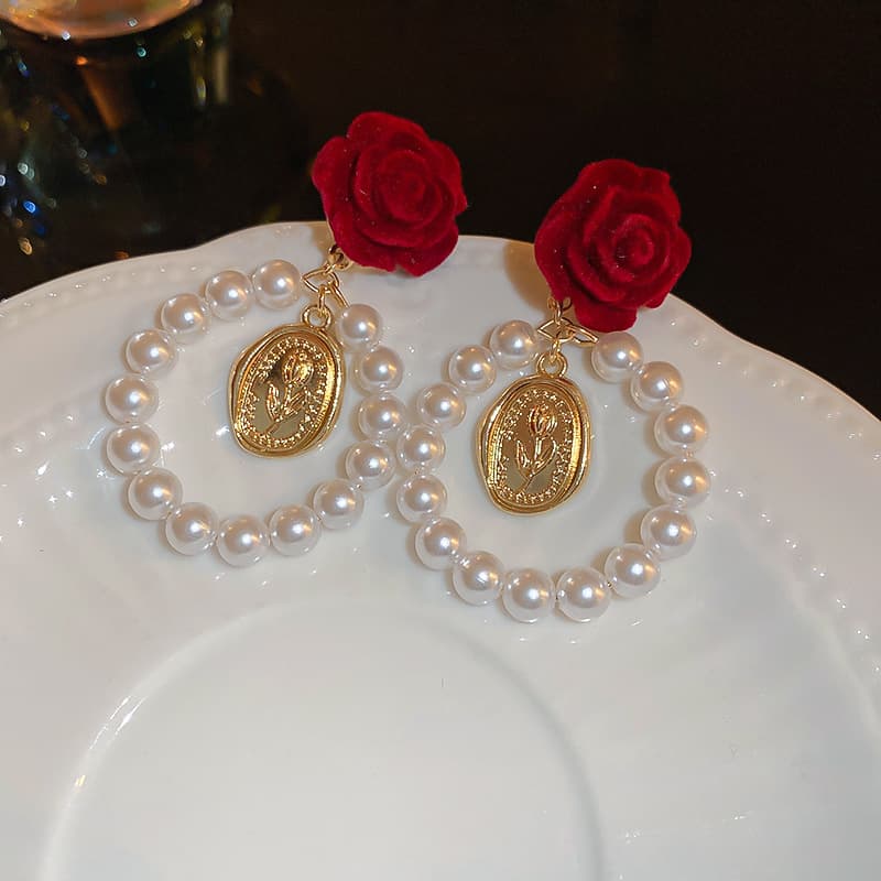 Crimson Velvet Rose & Pearl Hoop Drop Earring — front view