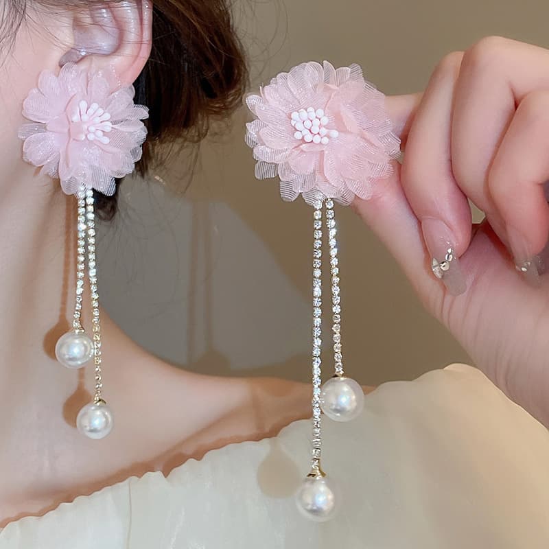 Blush Organza Bloom Crystal Tassel Drop Earring — front view