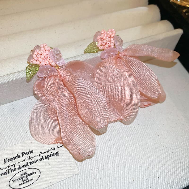 Rose Silk Petal & Berry Cluster Drop Earring — front view