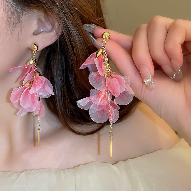 Dusty Rose Organza Petal Gold Tassel Drop Earring — front view