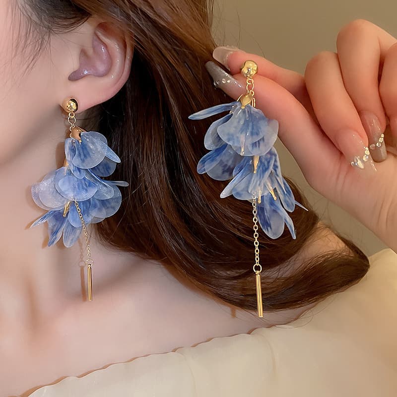 Powder Blue Organza Petal Gold Tassel Drop Earring — front view