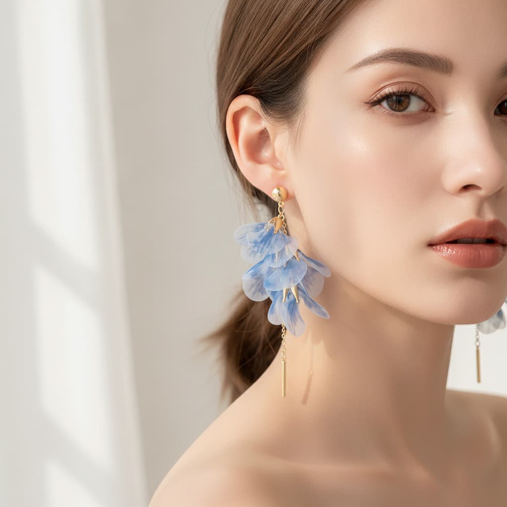 Powder Blue Organza Petal Gold Tassel Drop Earring — view 2