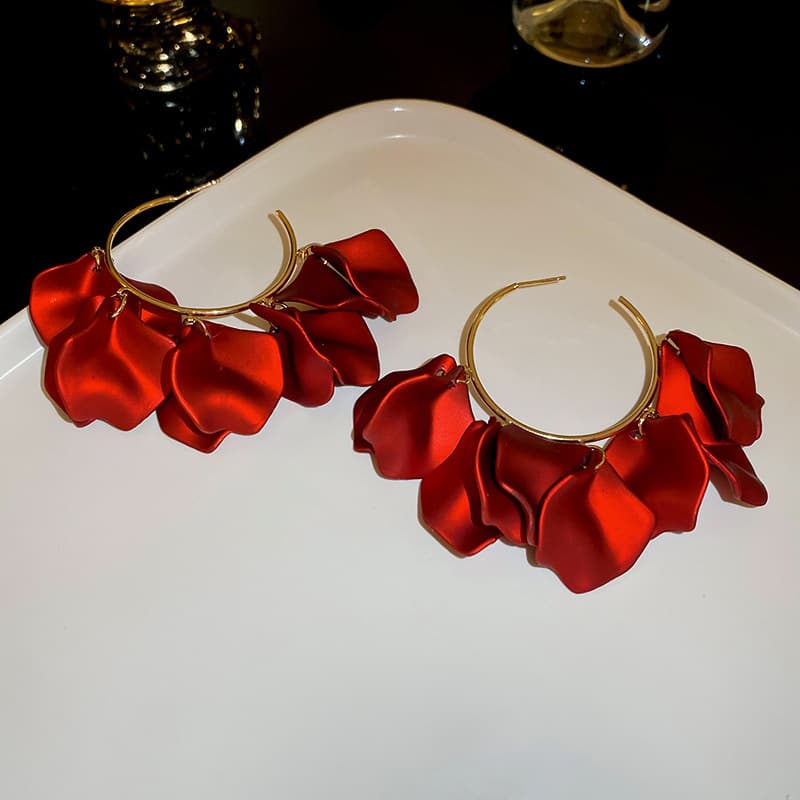 Crimson Satin Ruffle Gold Hoop Drop Earring — view 2