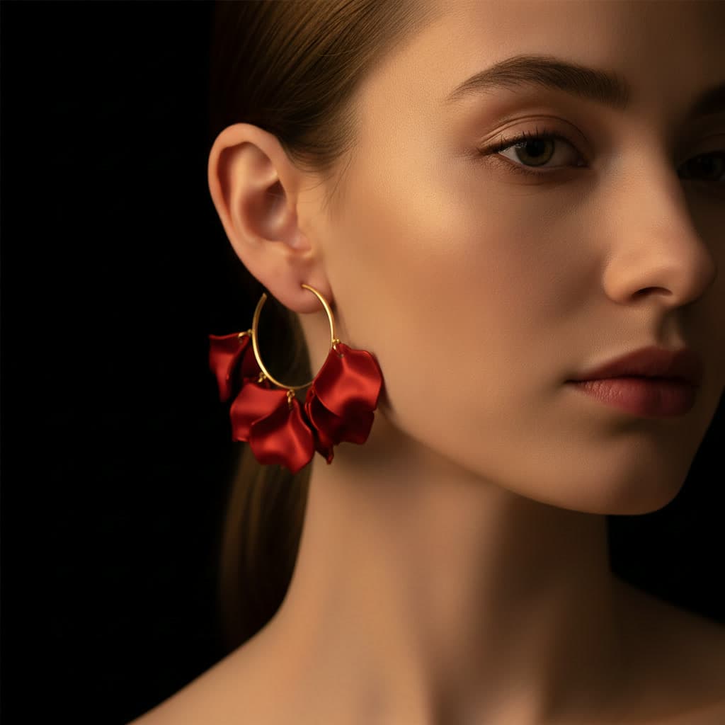 Crimson Satin Ruffle Gold Hoop Drop Earring — view 4