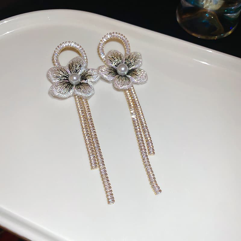 Silver Embroidered Bloom Pearl Crystal Tassel Drop Earring — front view
