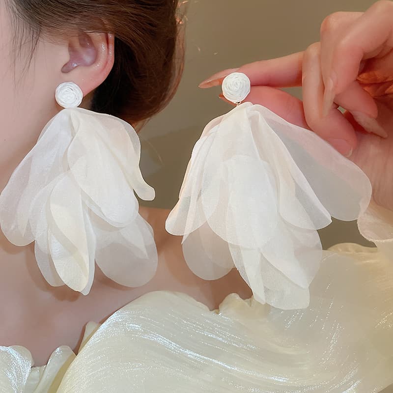 Ivory Chiffon Rose Petal Drop Earring — front view