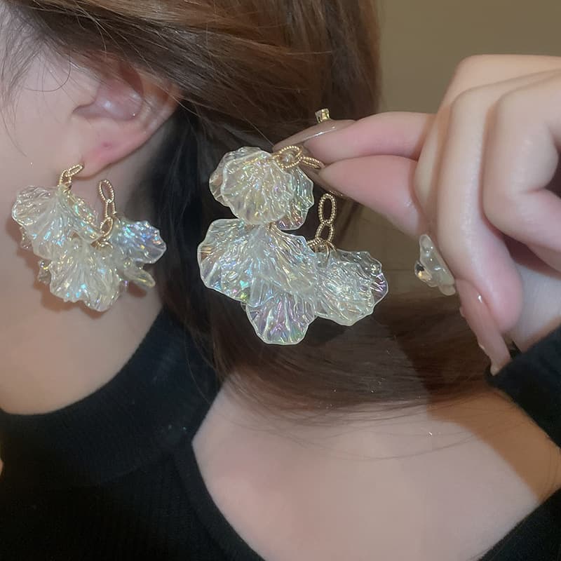 Iridescent Crystal Leaf Cascade Gold Drop Earring — front view