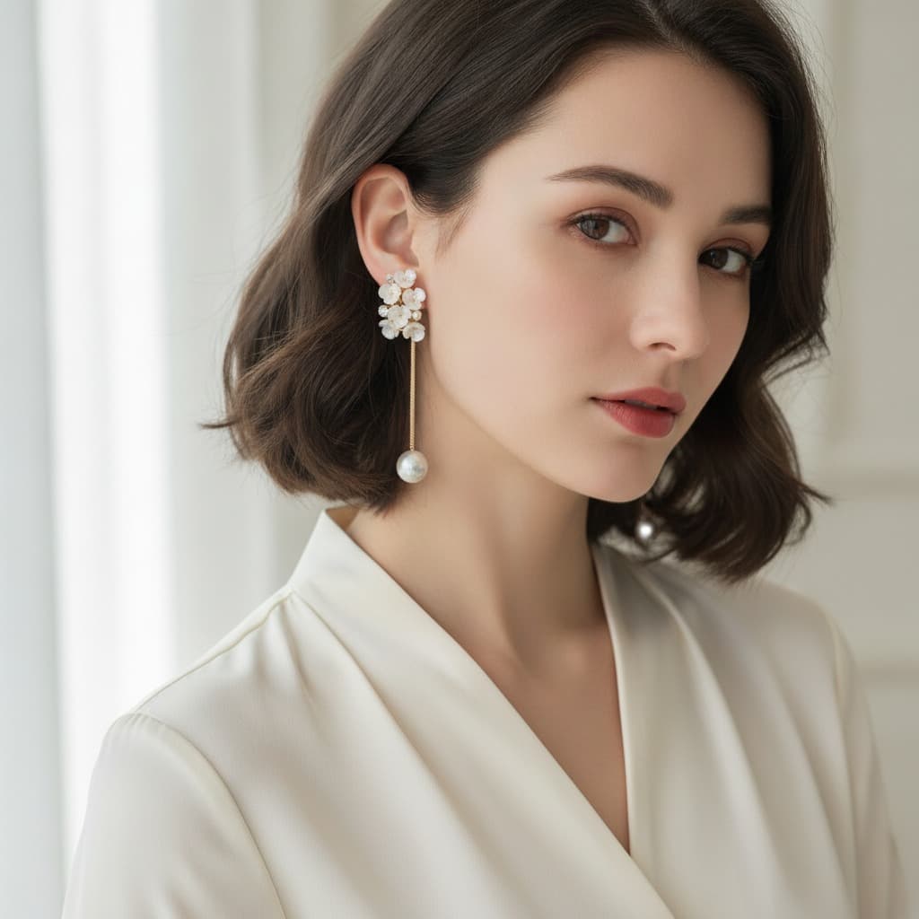 Shell Blossom Cluster Gold Thread Drop Earring — view 2