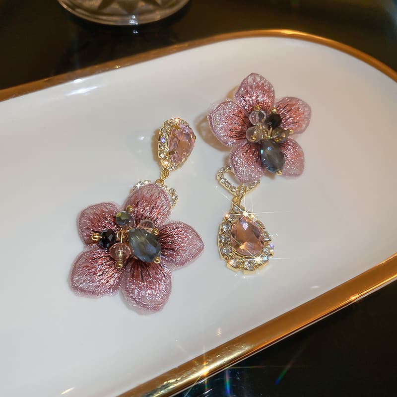 Mauve Embroidered Petal Smoky Crystal Drop Earring — front view