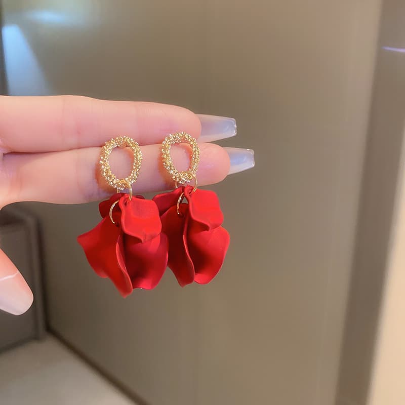 Crimson Satin Petal Gold Oval Drop Earring — front view
