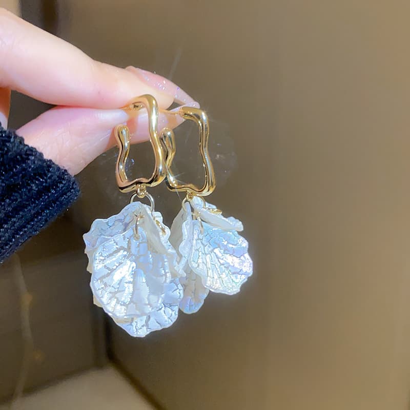 Opal Shell Petal Wavy Gold Hook Earring — front view
