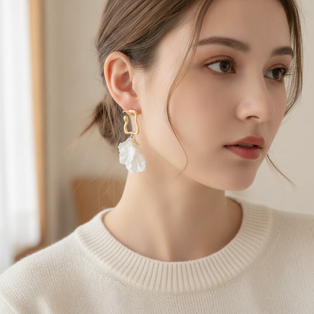 Opal Shell Petal Wavy Gold Hook Earring — view 2
