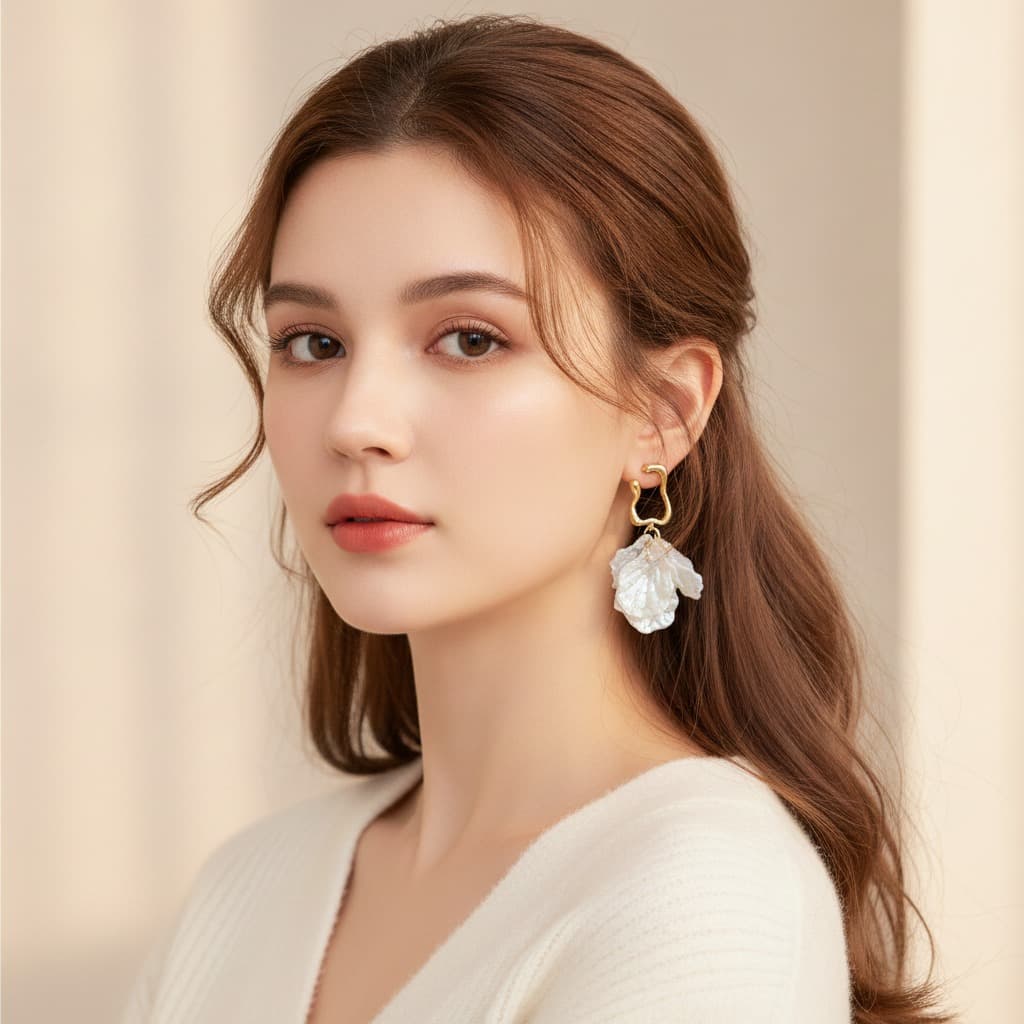 Opal Shell Petal Wavy Gold Hook Earring — view 3