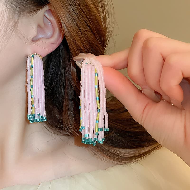 Blush Miyuki Seed Bead Column Drop Earring — front view