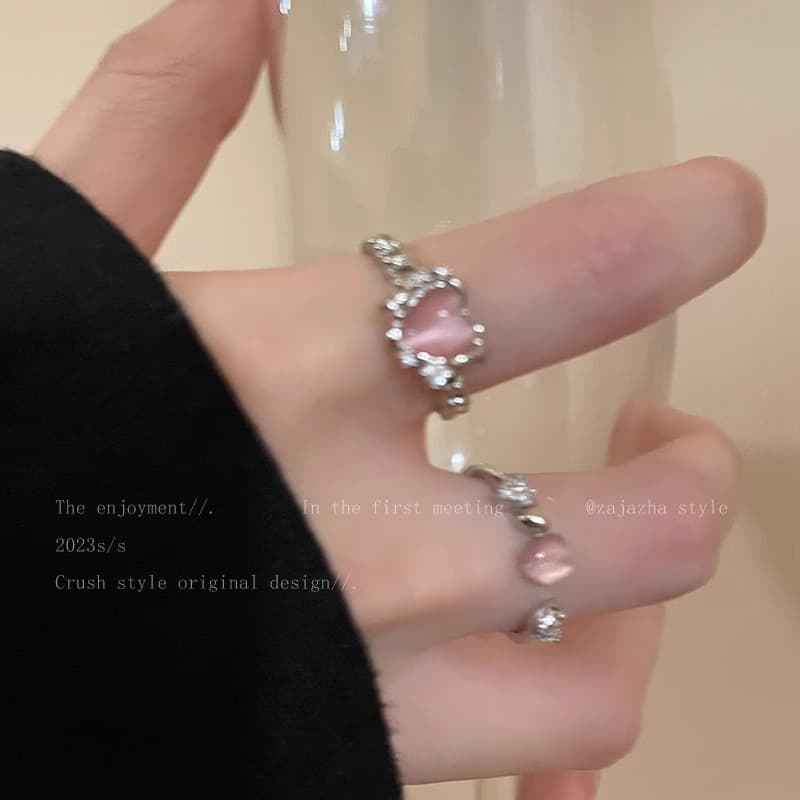 Silver Crystal Crown Pink Heart Cluster Ring — front view