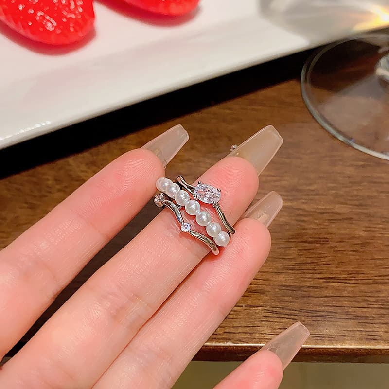Silver Triple Layer Pearl Crystal Open Ring — front view