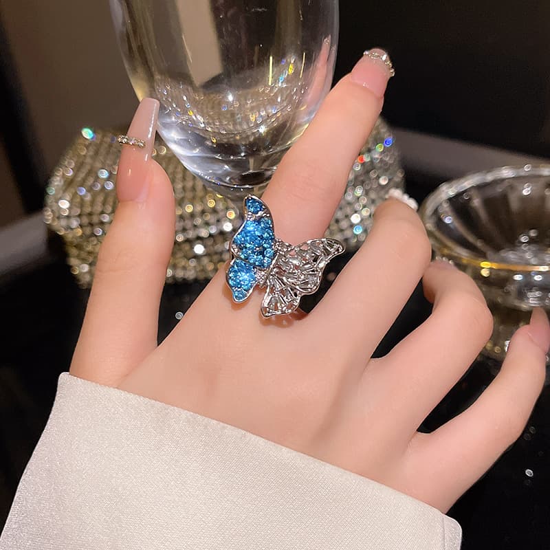 Silver Blue Crystal Butterfly Statement Ring — front view