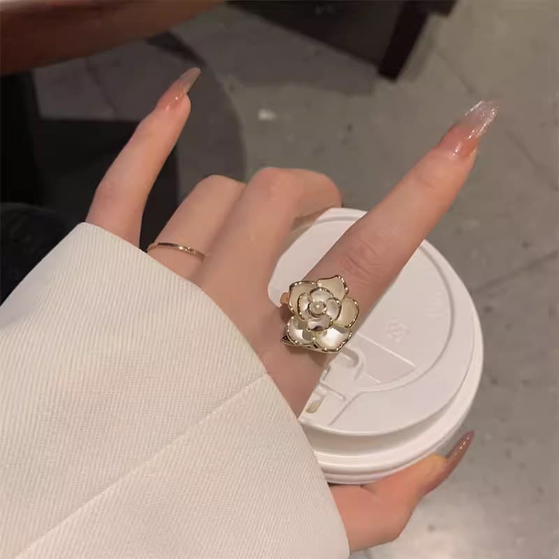 Gold White Camellia Pearl Statement Ring — front view