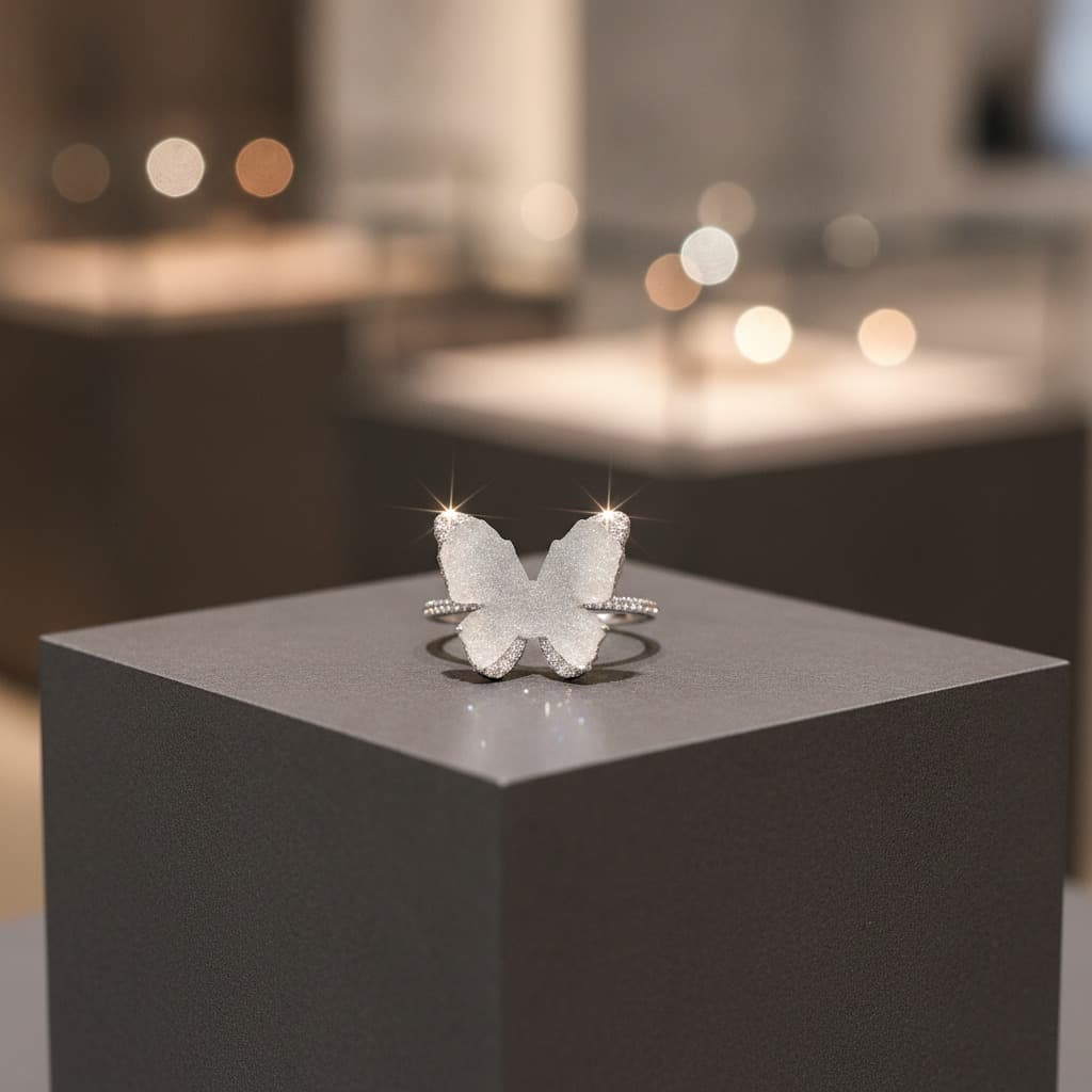 Silver Crystal Blue Butterfly Open Ring — view 3