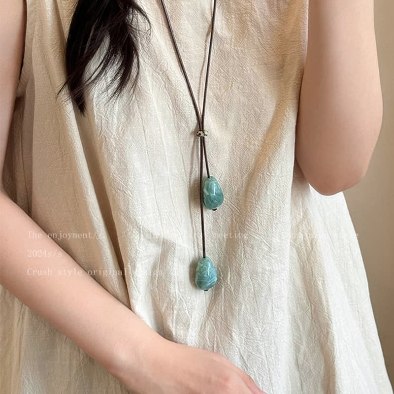 Green Stone Bohemian Cord Long Necklace — front view