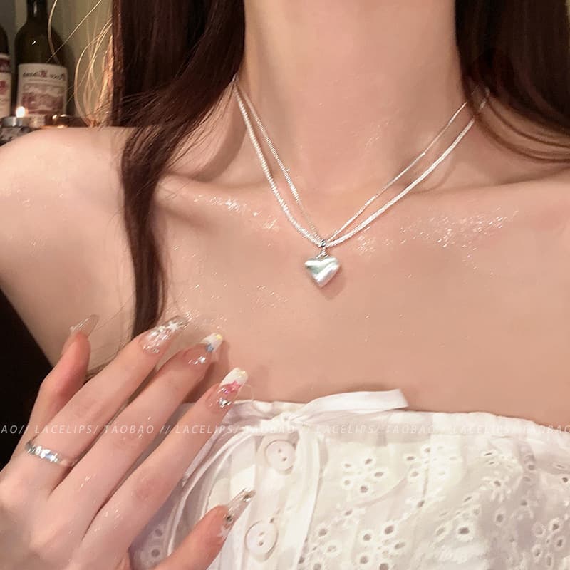 Silver Double Snake Chain Puffed Heart Necklace — Necklace layereds from Mowey Studio