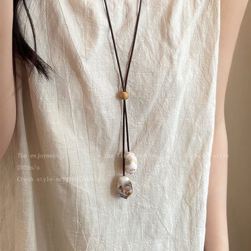 Cream Stone Bohemian Cord Long Necklace — front view