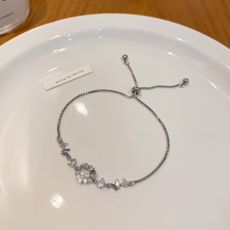 Silver Crystal Flower Adjustable Chain Bracelet — front view