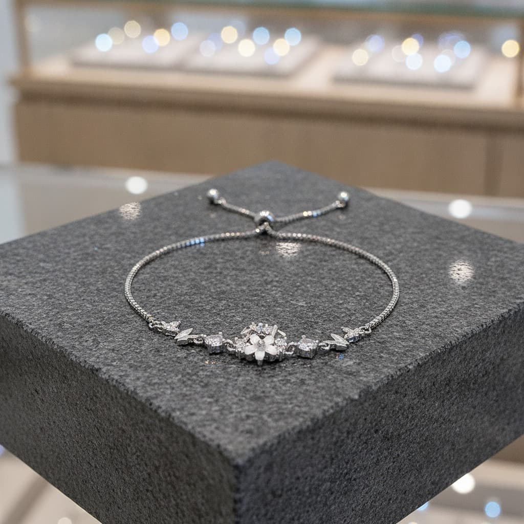 Silver Crystal Flower Adjustable Chain Bracelet — view 2